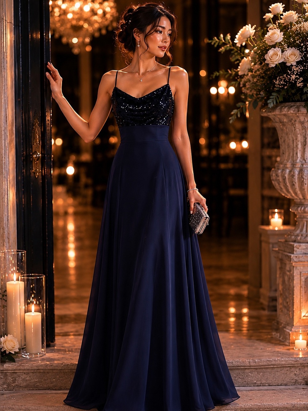 Morgan & Co Navy Sequin Criss Cross Back Formal Gown Prom Dress Size 6